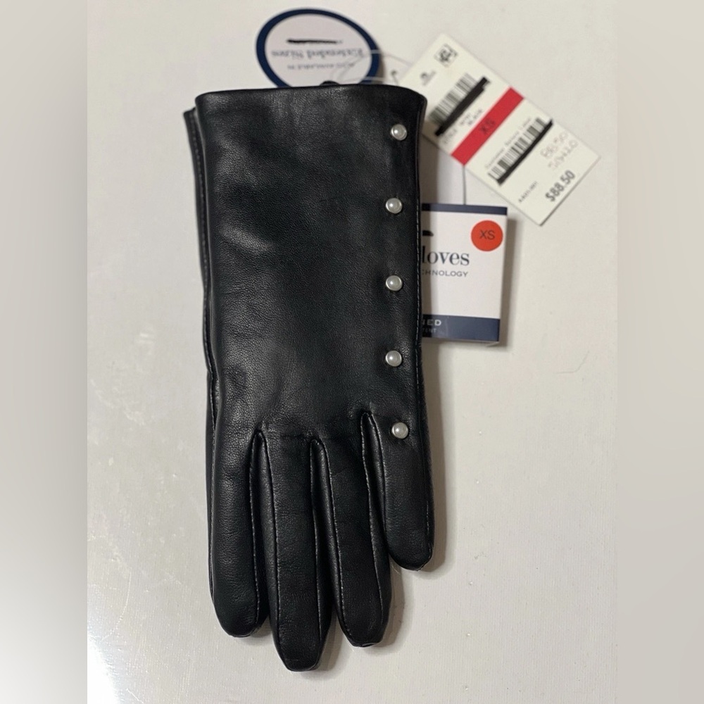 Charter Club Leather Gloves Women Sz XS Black Touch Screen Tech Faux Fur Lining